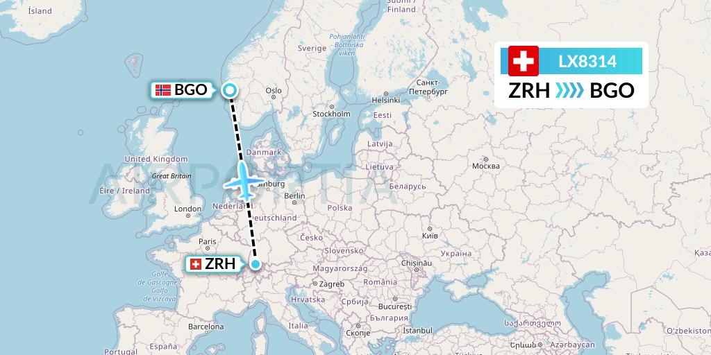 LX8314 Swiss Flight Map: Zurich to Bergen