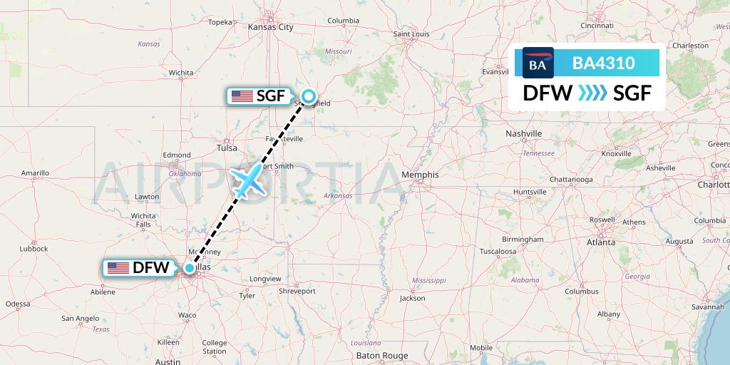 BA4310 British Airways Flight Map: Dallas to Springfield