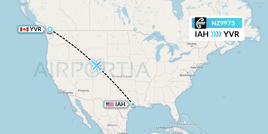 NZ9973 Air New Zealand Flight Map: Houston to Vancouver