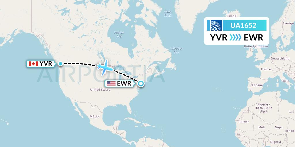 UA1652 United Airlines Flight Map: Vancouver to New York