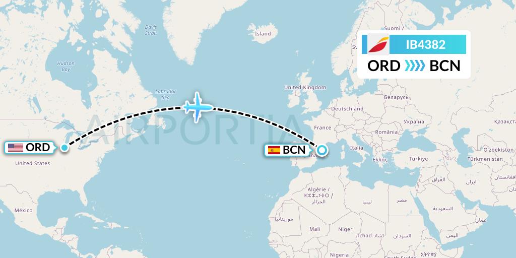 IB4382 Iberia Flight Map: Chicago to Barcelona