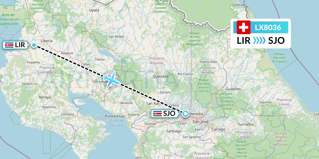 LX8036 Swiss Flight Map: Liberia to San Jose