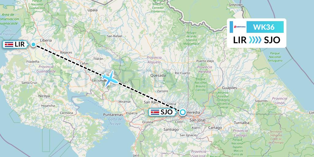 WK36 Edelweiss Air Flight Map: Liberia to San Jose