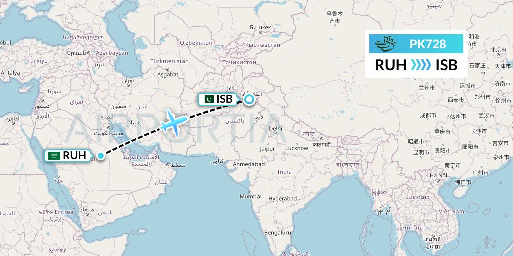 PK728 Pakistan International Airlines Flight Map: Riyadh to Islamabad