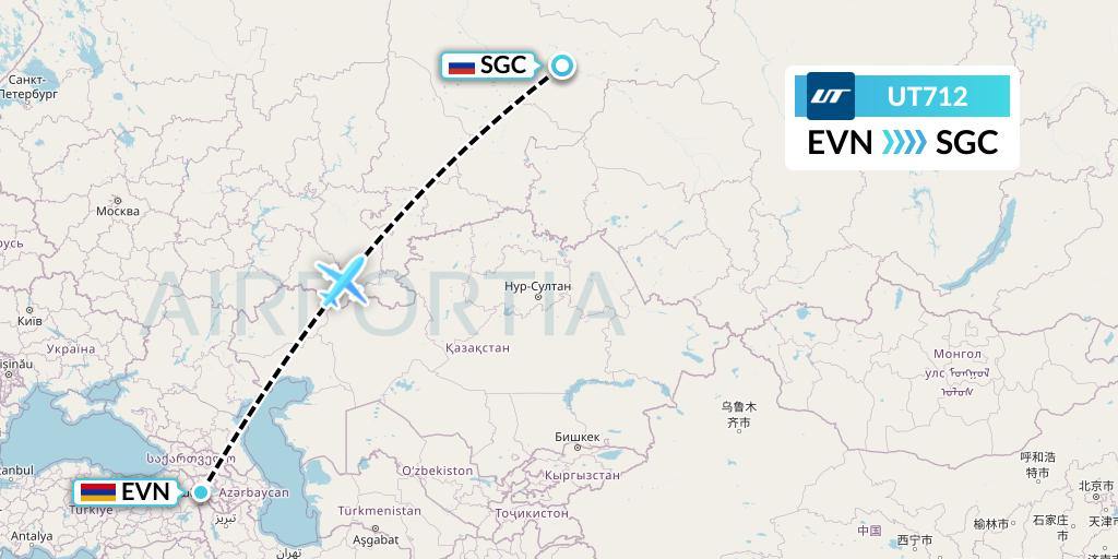 UT712 UTair Flight Map: Yerevan to Surgut