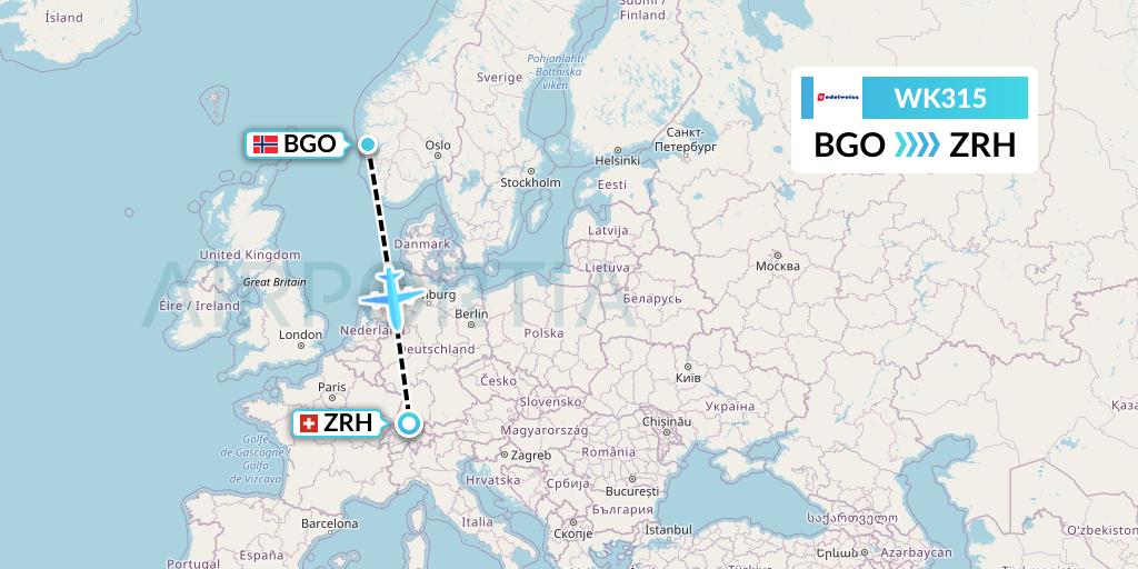 WK315 Edelweiss Air Flight Map: Bergen to Zurich