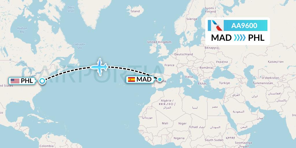 AA9600 American Airlines Flight Map: Madrid to Philadelphia