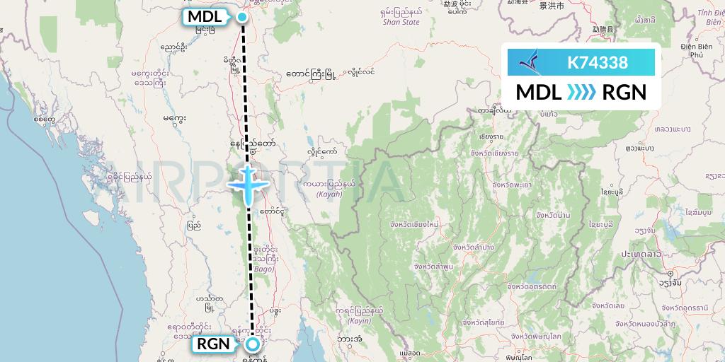 K74338 Air KBZ Flight Map: Mandalay to Yangon