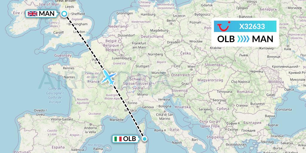 X32633 TUI fly Germany Flight Map: Olbia to Manchester