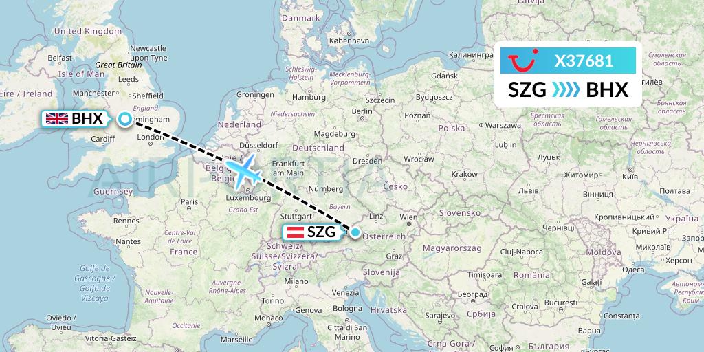 X37681 TUI fly Germany Flight Map: Salzburg to Birmingham