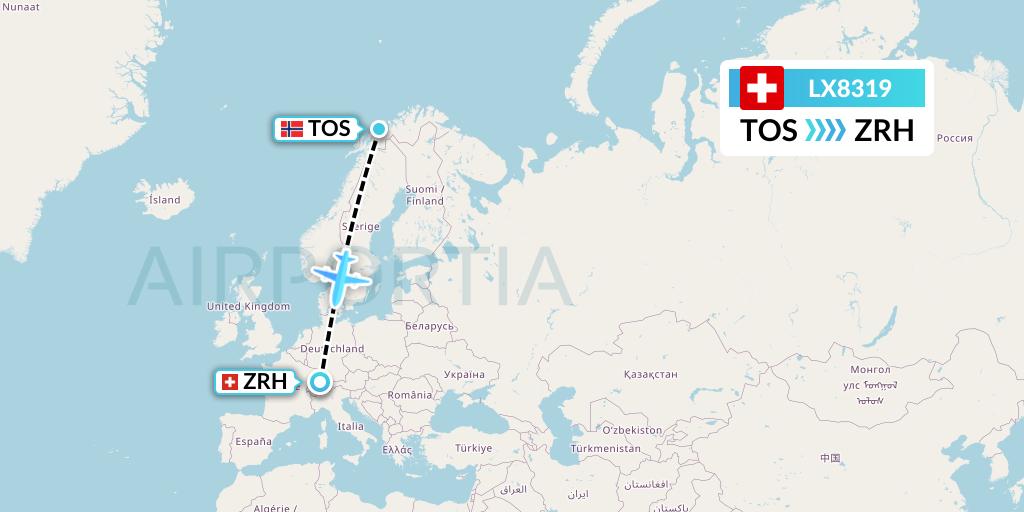 LX8319 Swiss Flight Map: Tromso to Zurich
