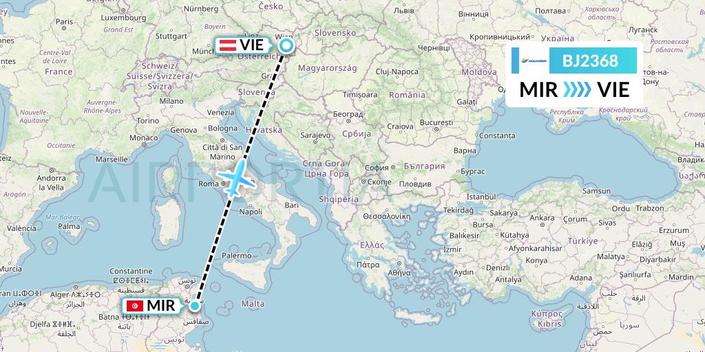 BJ2368 Nouvelair Tunisie Flight Map: Monastir to Vienna