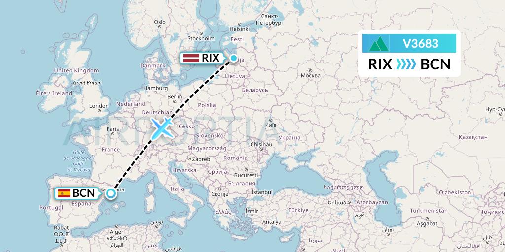V3683 Carpatair Flight Map: Riga to Barcelona