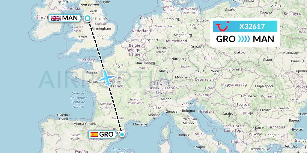 X32617 TUI fly Germany Flight Map: Girona to Manchester