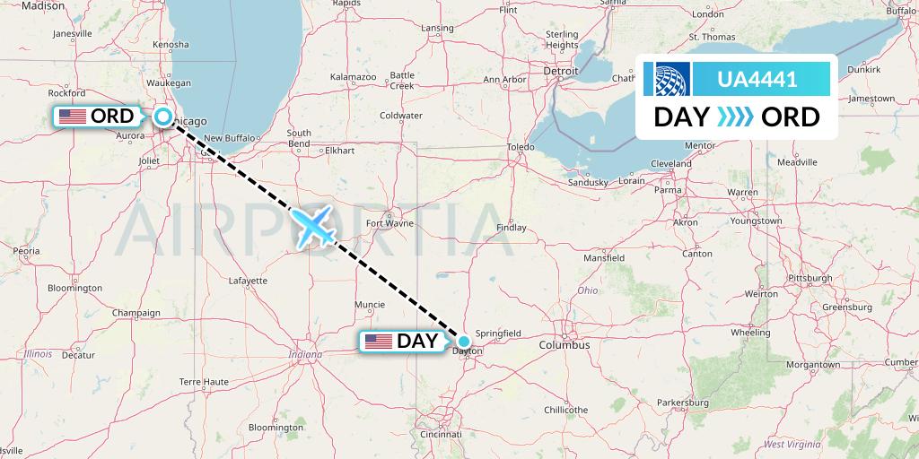 UA4441 United Airlines Flight Map: Dayton to Chicago