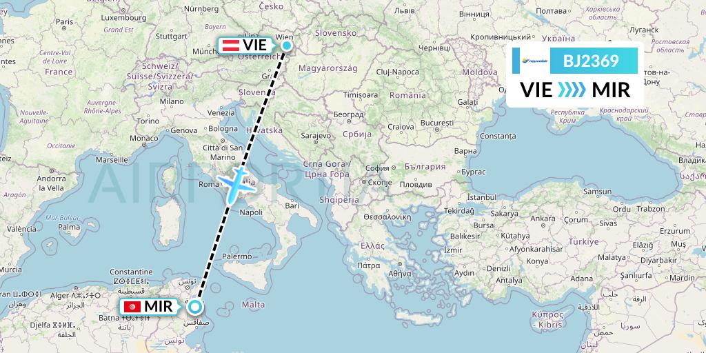 BJ2369 Nouvelair Tunisie Flight Map: Vienna to Monastir
