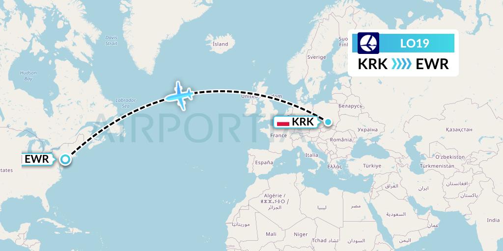 LO19 LOT Flight Map: Krakow to New York