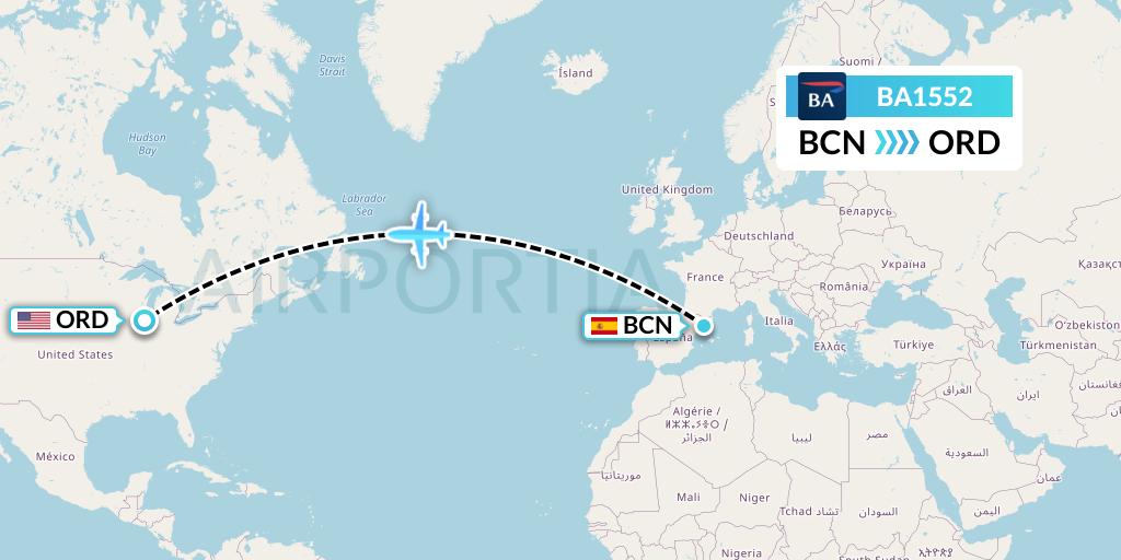 BA1552 British Airways Flight Map: Barcelona to Chicago