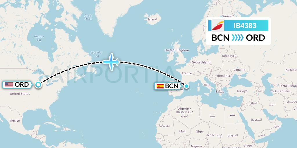 IB4383 Iberia Flight Map: Barcelona to Chicago