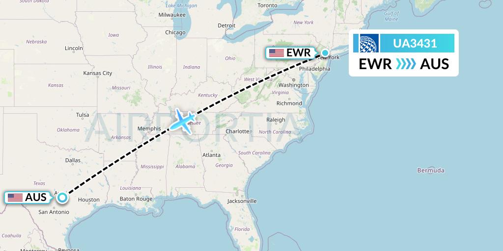 UA3431 United Airlines Flight Map: New York to Austin
