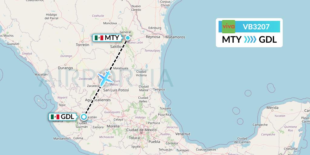 VB3207 VivaAerobus Flight Map: Monterrey to Guadalajara
