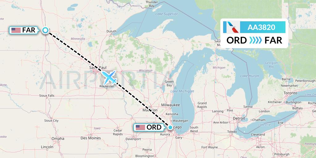 AA3820 American Airlines Flight Map: Chicago to Fargo