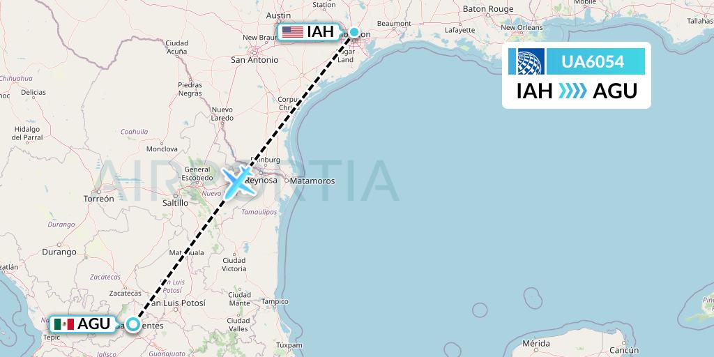 UA6054 United Airlines Flight Map: Houston to Aguascalientes