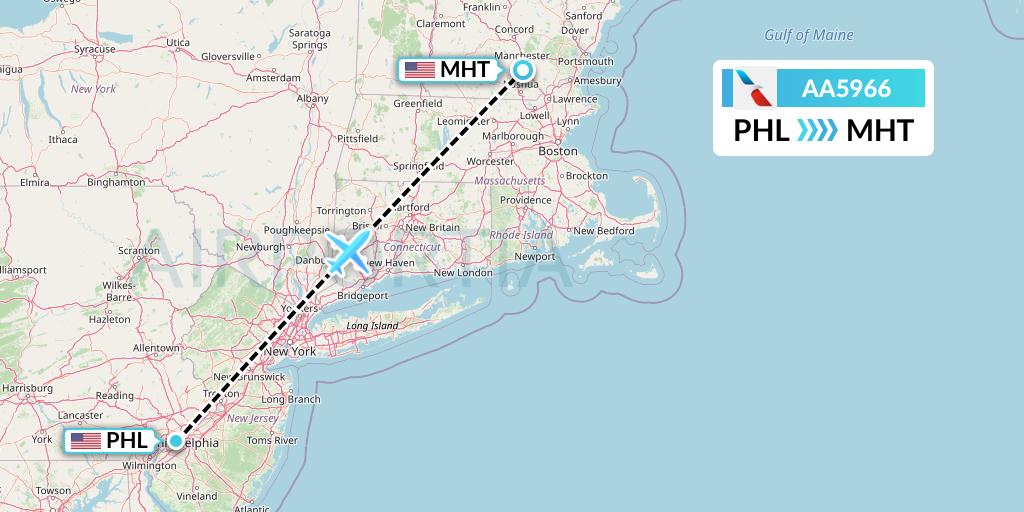 AA5966 American Airlines Flight Map: Philadelphia to Manchester