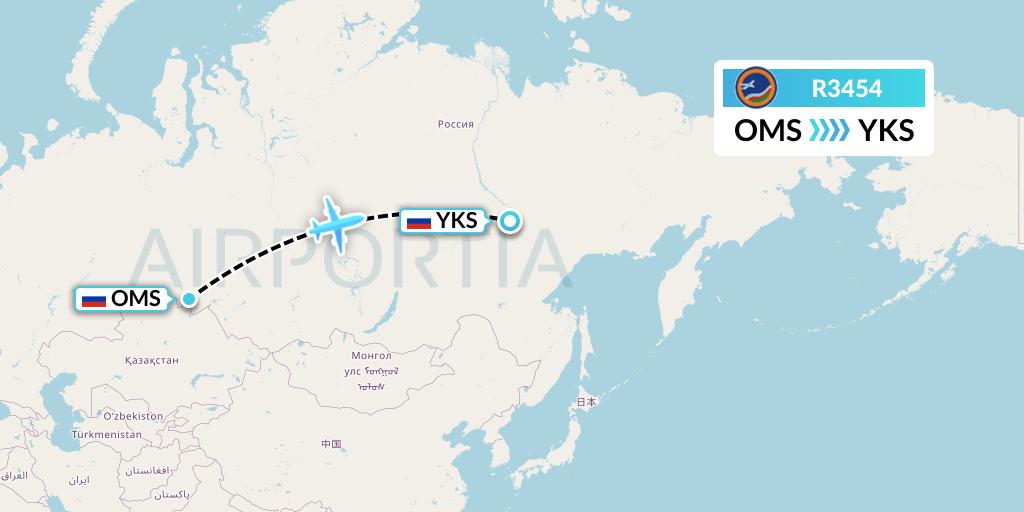 R3454 Yakutia Airlines Flight Map: Omsk to Yakutsk
