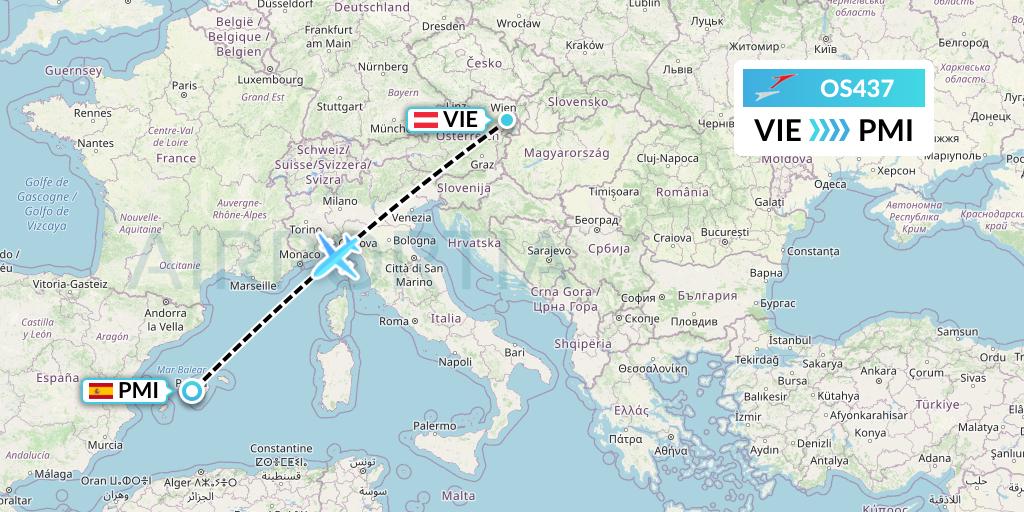 OS437 Austrian Airlines Flight Map: Vienna to Palma de Mallorca