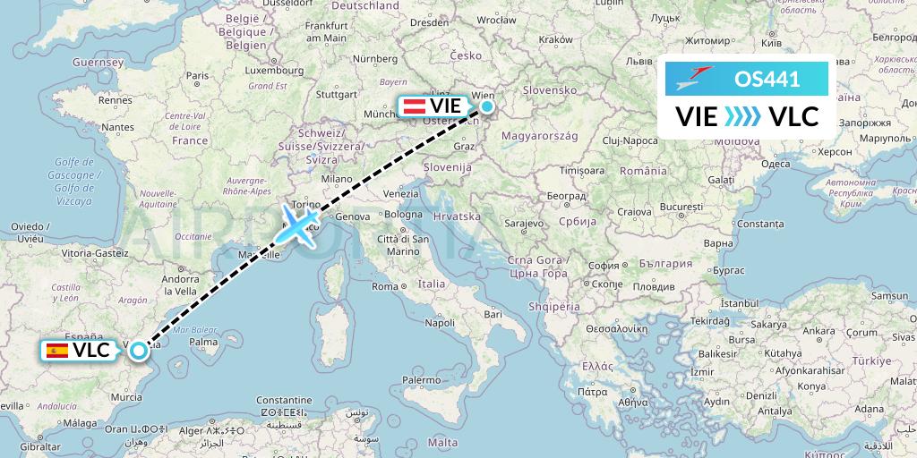 OS441 Austrian Airlines Flight Map: Vienna to Valencia
