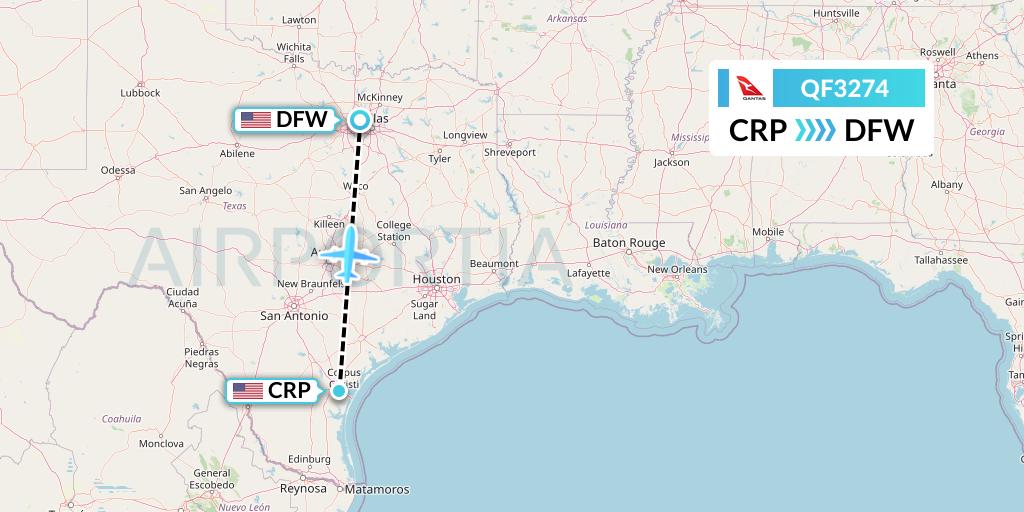 QF3274 Qantas Flight Map: Corpus Christi to Dallas