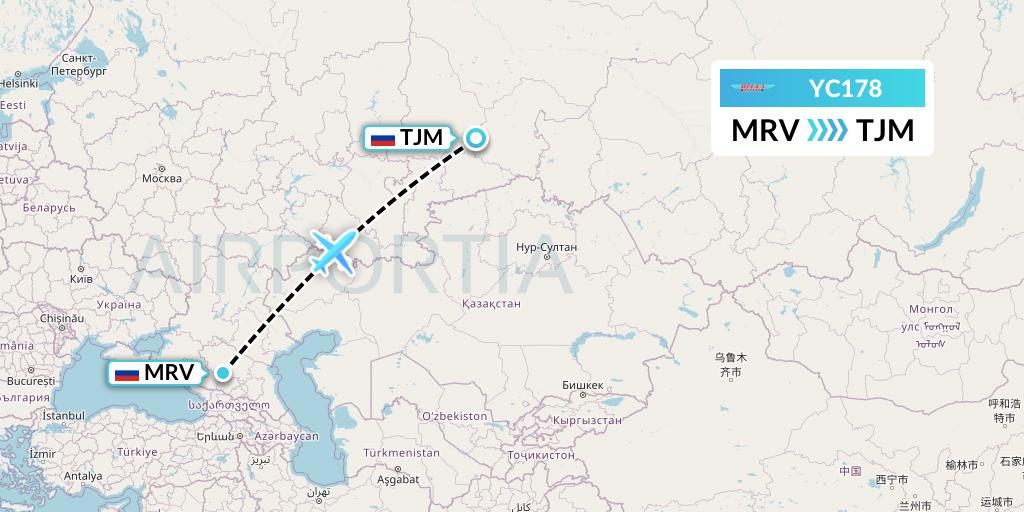 YC178 Yamal Airlines Flight Map: Mineralnye Vody to Tyumen