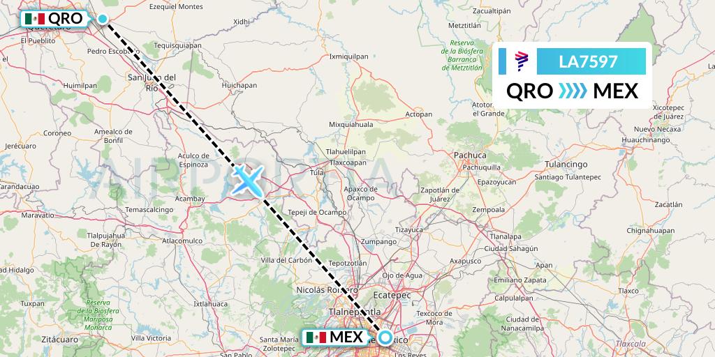 LA7597 LAN Airlines Flight Map: Queretaro to Mexico City