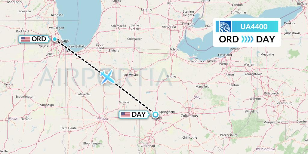 UA4400 United Airlines Flight Map: Chicago to Dayton