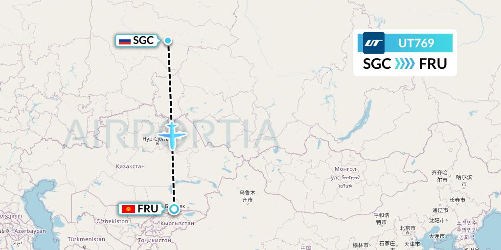 UT769 UTair Flight Map: Surgut to Bishkek