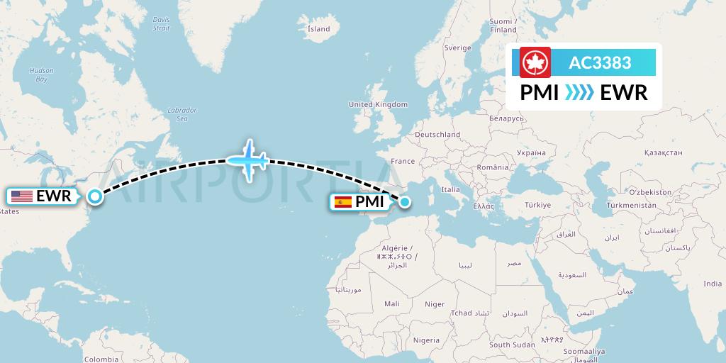 AC3383 Air Canada Flight Map: Palma de Mallorca to New York