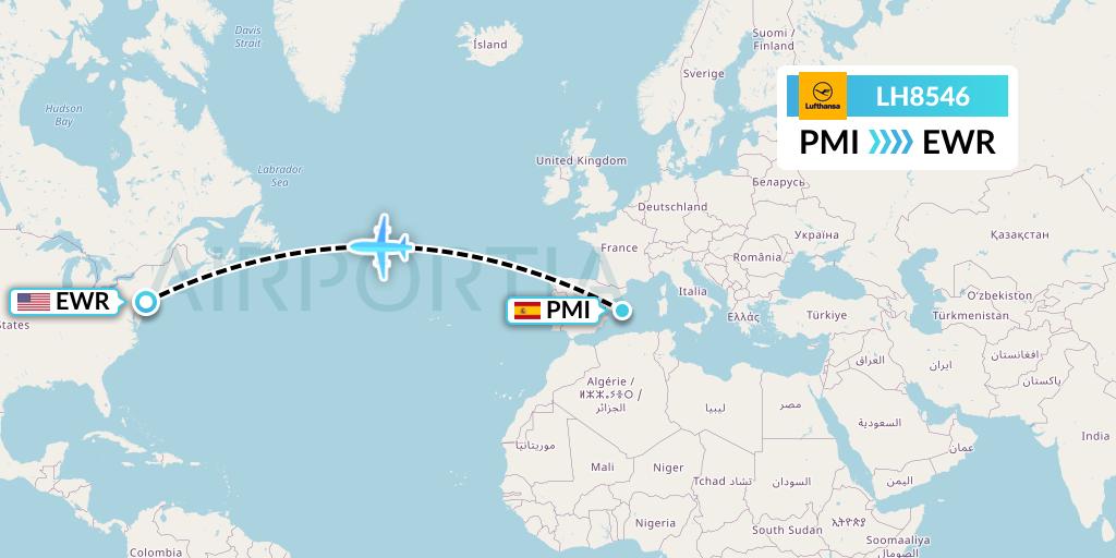 LH8546 Lufthansa Flight Map: Palma de Mallorca to New York