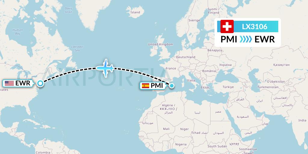 LX3106 Swiss Flight Map: Palma de Mallorca to New York