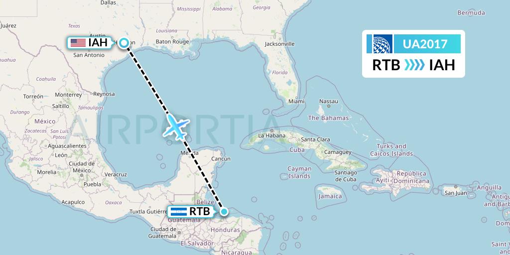 UA2017 United Airlines Flight Map: Roatan to Houston