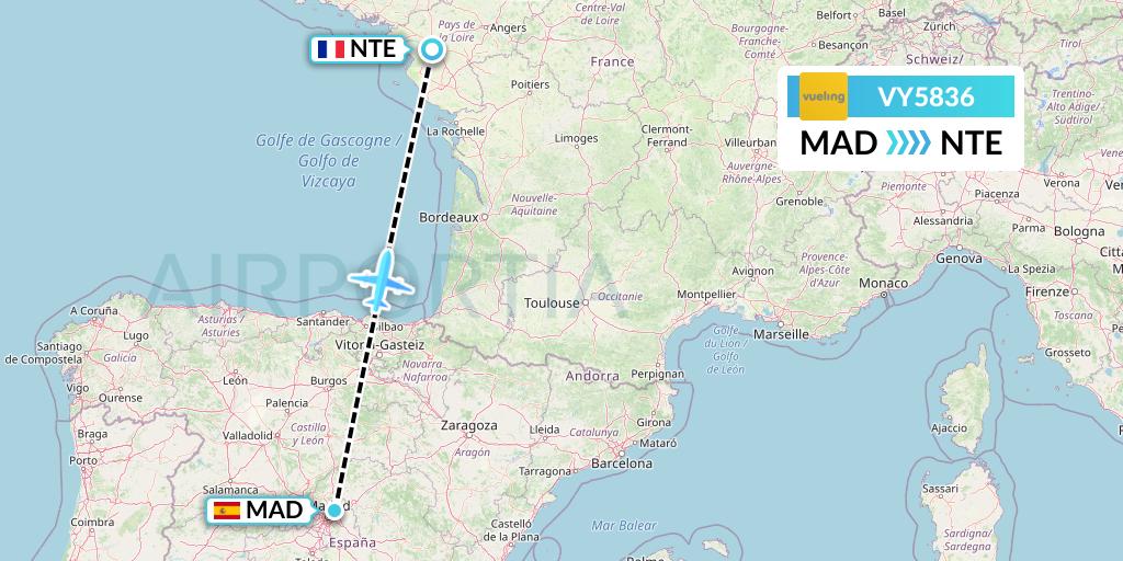 VY5836 Vueling Flight Map: Madrid to Nantes