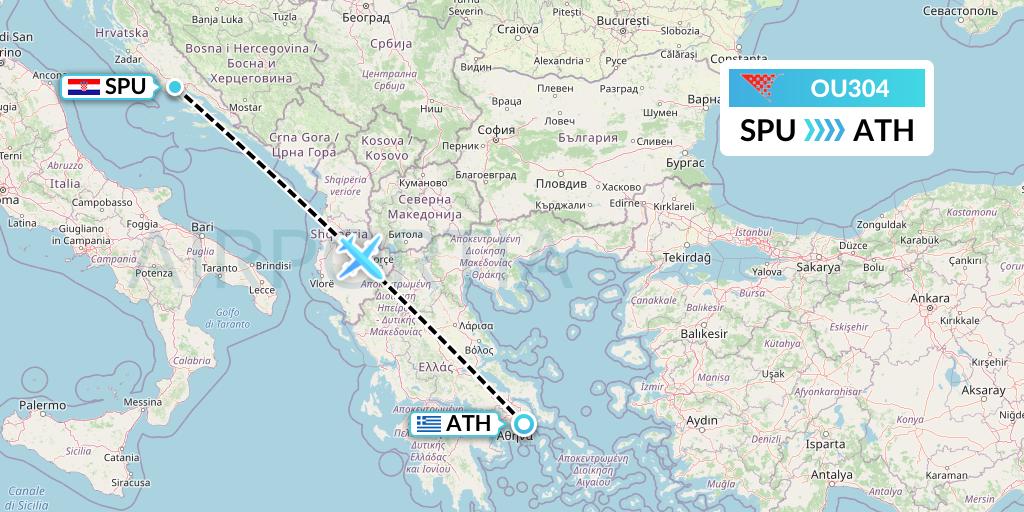 OU304 Croatia Airlines Flight Map: Split to Athens