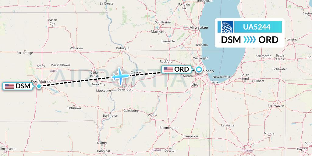 UA5244 United Airlines Flight Map: Des Moines to Chicago
