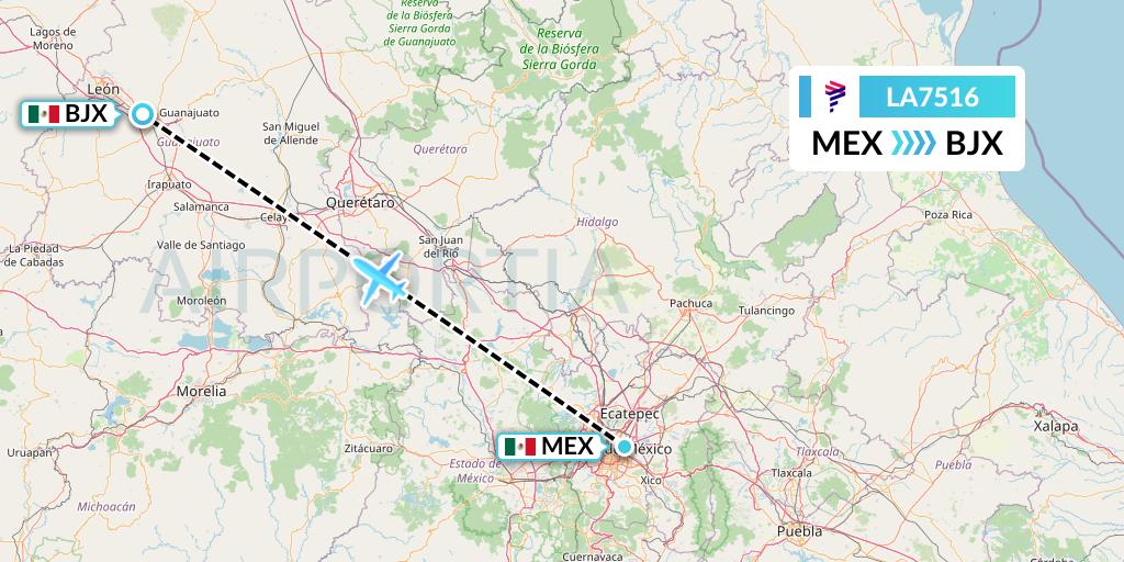 LA7516 LAN Airlines Flight Map: Mexico City to Silao