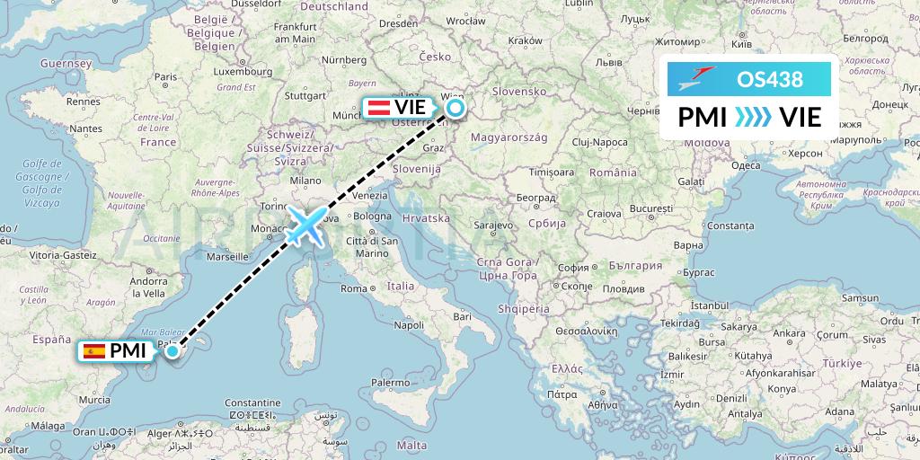 OS438 Austrian Airlines Flight Map: Palma de Mallorca to Vienna