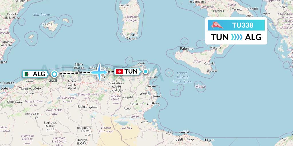 TU338 Tunisair Flight Map: Tunis to Algiers