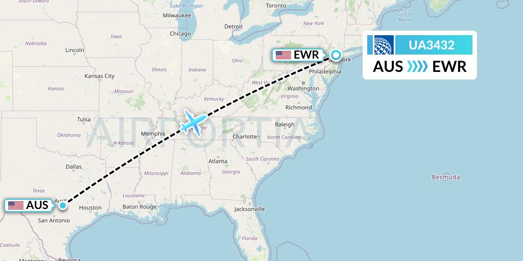 UA3432 United Airlines Flight Map: Austin to New York