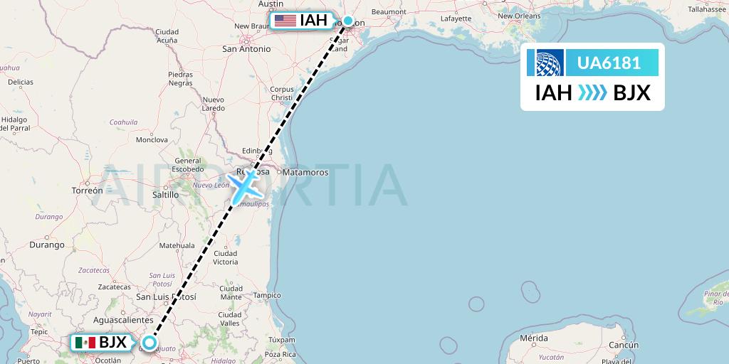 UA6181 United Airlines Flight Map: Houston to Silao