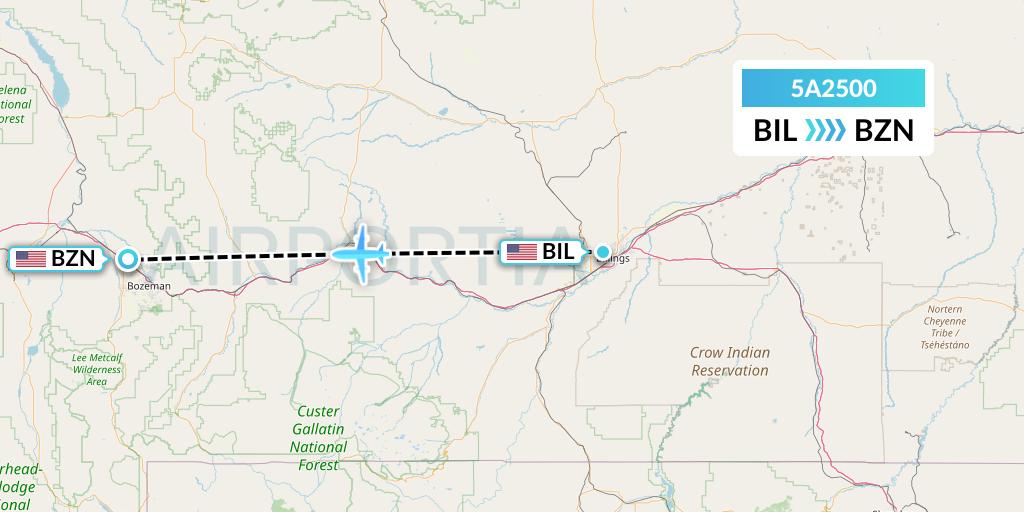 5A2500 Alpine Air Express Flight Map: Billings to Bozeman