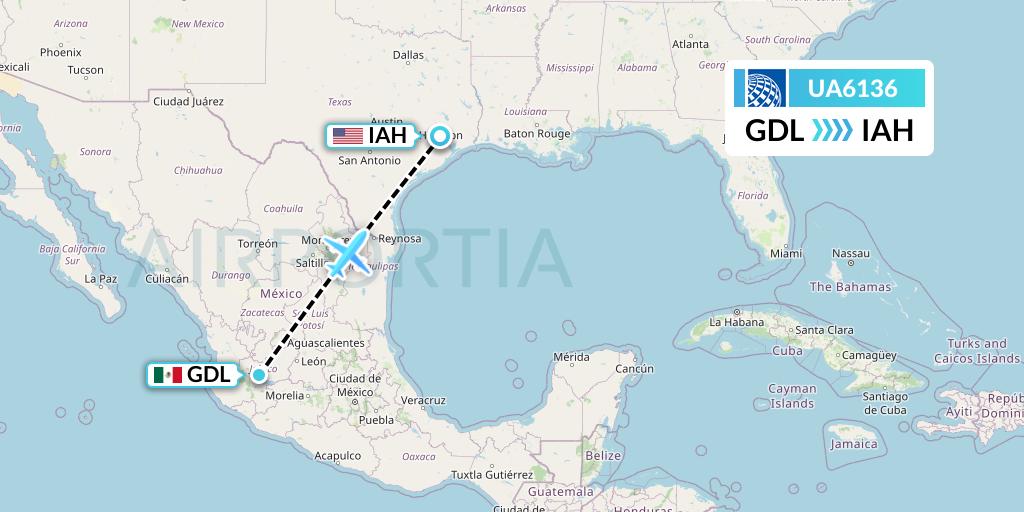 UA6136 United Airlines Flight Map: Guadalajara to Houston